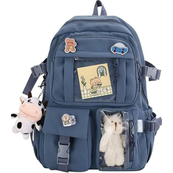 Kawaii Backpack with Cute Cow Plush Cute Pin Accessories Blue - Picture 1 of 6